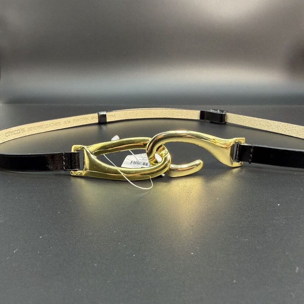Chico's Women’s Black Belt Genuine Leather S/M Gold Mini Hook Loop Buckle NWT